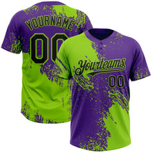 Load image into Gallery viewer, Custom Neon Green Black-Purple 3D Pattern Abstract Brush Stroke Two-Button Unisex Softball Jersey