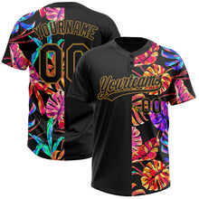Load image into Gallery viewer, Custom Black Old Gold 3D Pattern Hawaii Tropical Palm Leaves Two-Button Unisex Softball Jersey