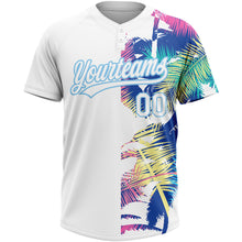 Load image into Gallery viewer, Custom White Light Blue 3D Pattern Hawaii Palm Trees Two-Button Unisex Softball Jersey