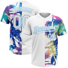 Load image into Gallery viewer, Custom White Light Blue 3D Pattern Hawaii Palm Trees Two-Button Unisex Softball Jersey