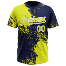 Load image into Gallery viewer, Custom Neon Yellow Navy-White 3D Pattern Abstract Brush Stroke Two-Button Unisex Softball Jersey