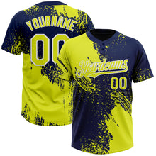 Load image into Gallery viewer, Custom Neon Yellow Navy-White 3D Pattern Abstract Brush Stroke Two-Button Unisex Softball Jersey