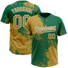 Load image into Gallery viewer, Custom Old Gold Kelly Green-White 3D Pattern Abstract Brush Stroke Two-Button Unisex Softball Jersey