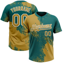Load image into Gallery viewer, Custom Old Gold Teal-White 3D Pattern Abstract Brush Stroke Two-Button Unisex Softball Jersey