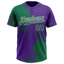 Load image into Gallery viewer, Custom Kelly Green Purple-White 3D Pattern Abstract Brush Stroke Two-Button Unisex Softball Jersey