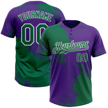 Load image into Gallery viewer, Custom Kelly Green Purple-White 3D Pattern Abstract Brush Stroke Two-Button Unisex Softball Jersey