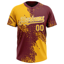 Load image into Gallery viewer, Custom Gold Burgundy-White 3D Pattern Abstract Brush Stroke Two-Button Unisex Softball Jersey