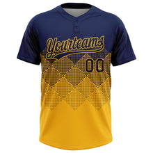 Load image into Gallery viewer, Custom Navy Gold 3D Gradient Square Shape Two-Button Unisex Softball Jersey