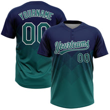 Load image into Gallery viewer, Custom Navy Teal-White 3D Gradient Square Shape Two-Button Unisex Softball Jersey