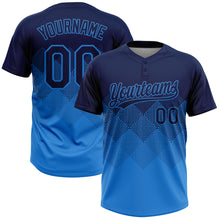 Load image into Gallery viewer, Custom Navy Electric Blue 3D Gradient Square Shape Two-Button Unisex Softball Jersey