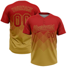 Load image into Gallery viewer, Custom Red Old Gold 3D Gradient Square Shape Two-Button Unisex Softball Jersey