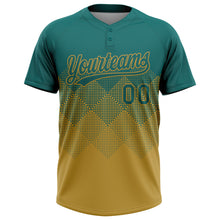 Load image into Gallery viewer, Custom Teal Old Gold 3D Gradient Square Shape Two-Button Unisex Softball Jersey