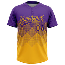Load image into Gallery viewer, Custom Purple Gold 3D Gradient Square Shape Two-Button Unisex Softball Jersey