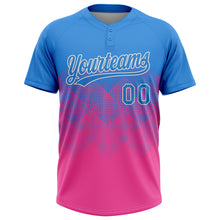 Load image into Gallery viewer, Custom Electric Blue Pink-White 3D Gradient Square Shape Two-Button Unisex Softball Jersey