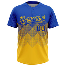Load image into Gallery viewer, Custom Thunder Blue Yellow 3D Gradient Square Shape Two-Button Unisex Softball Jersey