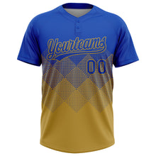 Load image into Gallery viewer, Custom Thunder Blue Old Gold 3D Gradient Square Shape Two-Button Unisex Softball Jersey