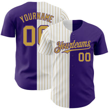 Load image into Gallery viewer, Custom Purple White-Old Gold Pinstripe Authentic Split Fashion Baseball Jersey