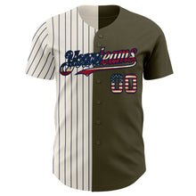 Load image into Gallery viewer, Custom Olive Vintage USA Flag Cream-Navy Pinstripe Authentic Split Fashion Salute To Service Baseball Jersey