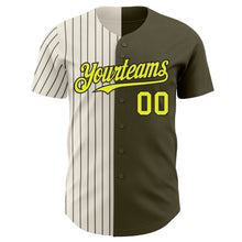 Load image into Gallery viewer, Custom Olive Neon Yellow Cream-Black Pinstripe Authentic Split Fashion Salute To Service Baseball Jersey