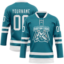 Load image into Gallery viewer, Custom Teal White Hockey Lace Neck Jersey