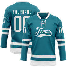 Load image into Gallery viewer, Custom Teal White Hockey Lace Neck Jersey