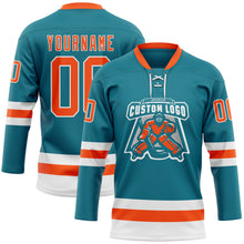 Load image into Gallery viewer, Custom Teal Orange-White Hockey Lace Neck Jersey
