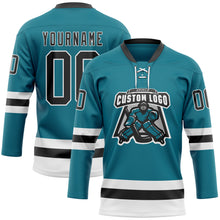 Load image into Gallery viewer, Custom Teal Black-White Hockey Lace Neck Jersey