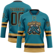 Load image into Gallery viewer, Custom Teal Black-Old Gold Hockey Lace Neck Jersey