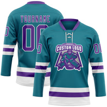 Load image into Gallery viewer, Custom Teal Purple-White Hockey Lace Neck Jersey