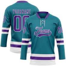 Load image into Gallery viewer, Custom Teal Purple-White Hockey Lace Neck Jersey