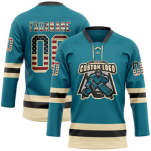 Load image into Gallery viewer, Custom Teal Vintage USA Flag Cream-Black Hockey Lace Neck Jersey