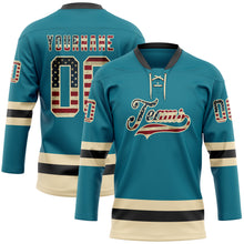 Load image into Gallery viewer, Custom Teal Vintage USA Flag Cream-Black Hockey Lace Neck Jersey