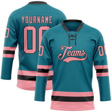 Load image into Gallery viewer, Custom Teal Medium Pink-Black Hockey Lace Neck Jersey