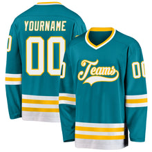 Load image into Gallery viewer, Custom Teal White-Gold Hockey Jersey