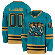 Load image into Gallery viewer, Custom Teal Black-Old Gold Hockey Jersey