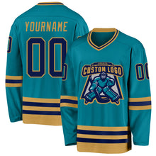 Load image into Gallery viewer, Custom Teal Navy-Old Gold Hockey Jersey