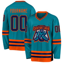 Load image into Gallery viewer, Custom Teal Navy-Orange Hockey Jersey