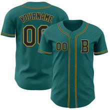 Load image into Gallery viewer, Custom Teal Black-Old Gold Authentic Baseball Jersey