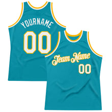 Load image into Gallery viewer, Custom Teal White-Gold Authentic Throwback Basketball Jersey