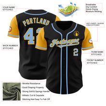 Load image into Gallery viewer, Custom Black Light Blue-Gold Authentic Two Tone Baseball Jersey
