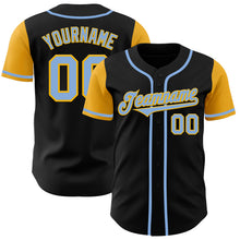 Load image into Gallery viewer, Custom Black Light Blue-Gold Authentic Two Tone Baseball Jersey