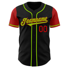 Load image into Gallery viewer, Custom Black Neon Green-Red Authentic Two Tone Baseball Jersey