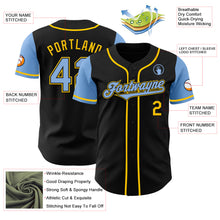 Load image into Gallery viewer, Custom Black Light Blue-Yellow Authentic Two Tone Baseball Jersey