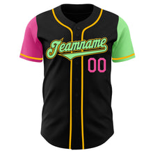 Load image into Gallery viewer, Custom Black Pink Pea Green-Gold Authentic Two Tone Baseball Jersey