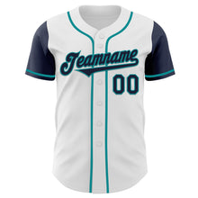 Load image into Gallery viewer, Custom White Navy-Teal Authentic Two Tone Baseball Jersey