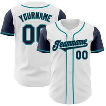 Load image into Gallery viewer, Custom White Navy-Teal Authentic Two Tone Baseball Jersey