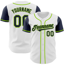 Load image into Gallery viewer, Custom White Navy-Neon Green Authentic Two Tone Baseball Jersey