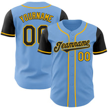 Load image into Gallery viewer, Custom Light Blue Black-Gold Authentic Two Tone Baseball Jersey