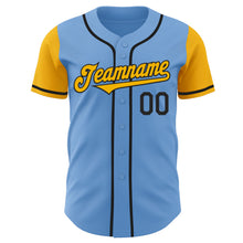 Load image into Gallery viewer, Custom Light Blue Gold-Black Authentic Two Tone Baseball Jersey