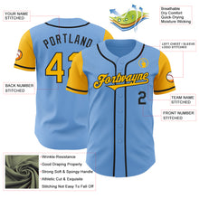 Load image into Gallery viewer, Custom Light Blue Gold-Black Authentic Two Tone Baseball Jersey